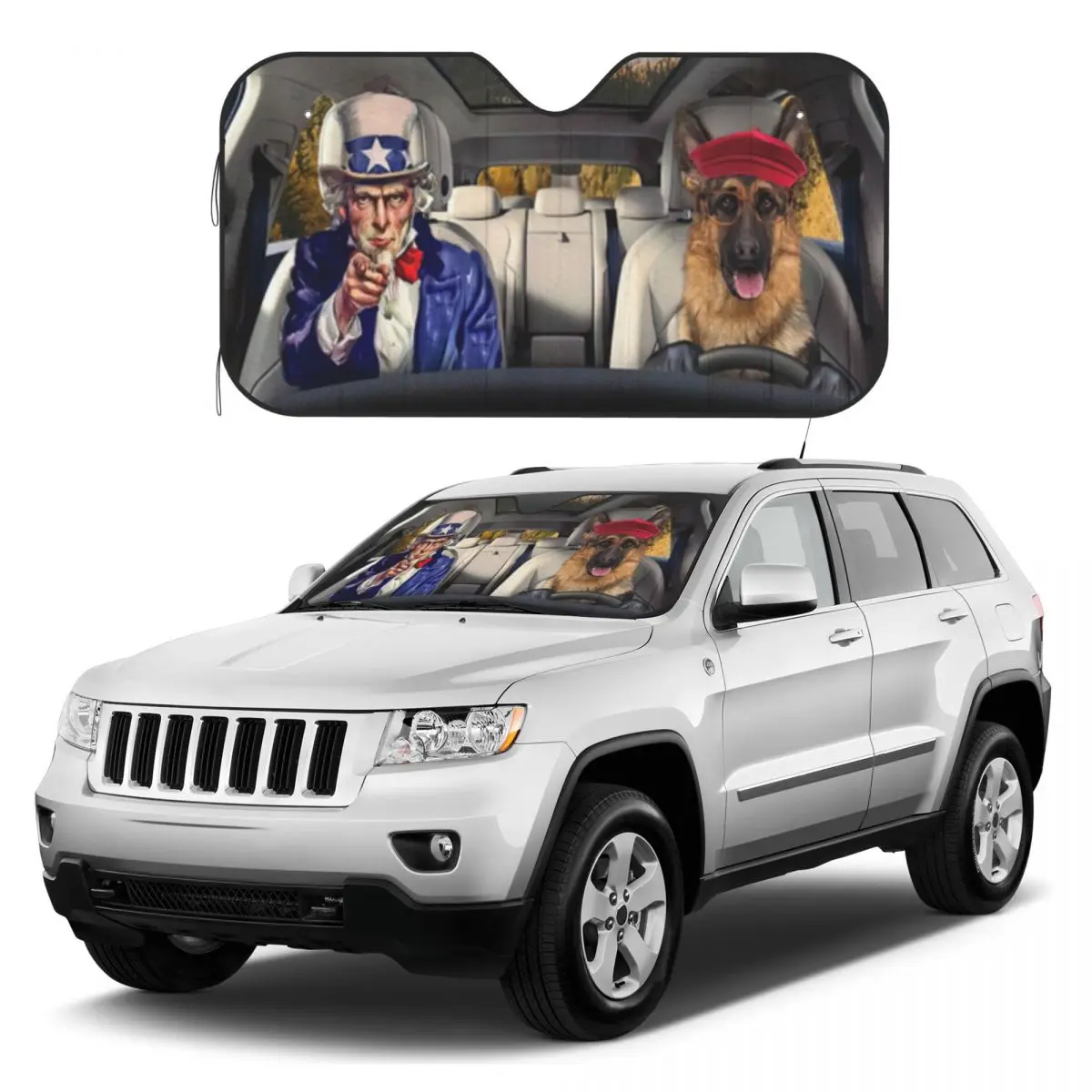 

Gearhumans 3D Uncle Sam And German Shepherds Sunshades Reflector Anti Uv Custom Car Sunshade Sun Shade