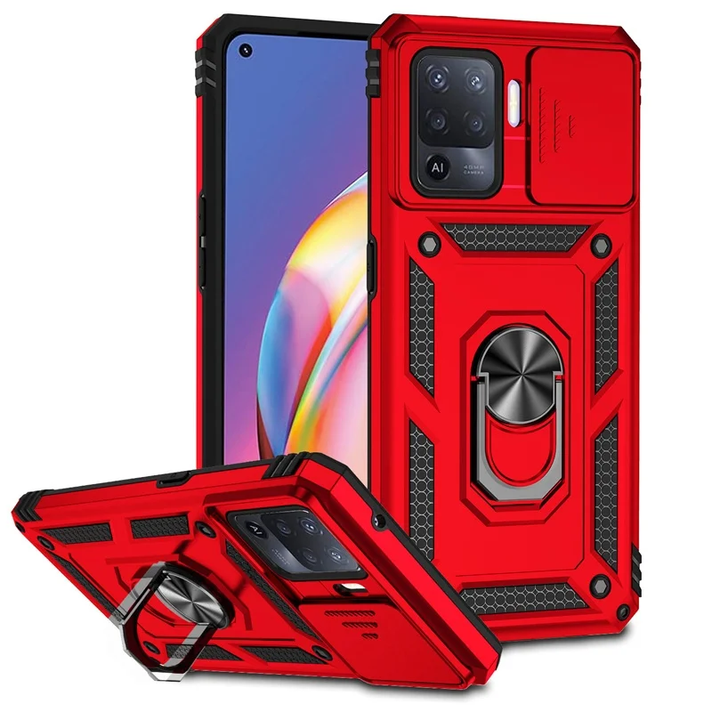 Shockproof Armor Case with Metal Ring Holder and Slide Lens Protector Cover