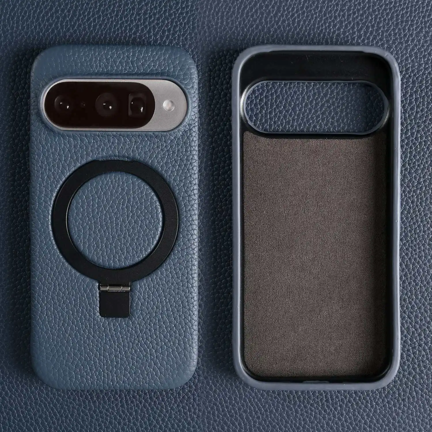 Genuine Leather Magnetic Ring Stand Phone Case with Stand & Magnetic Back Cover