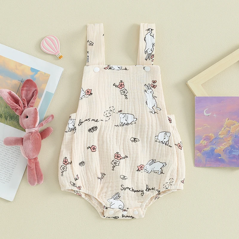 

VISgogo Baby Girl Easter Romper Sleeveless Backless Bunny Letter Print Infant Bodysuit Newborn Summer Cute Outfit