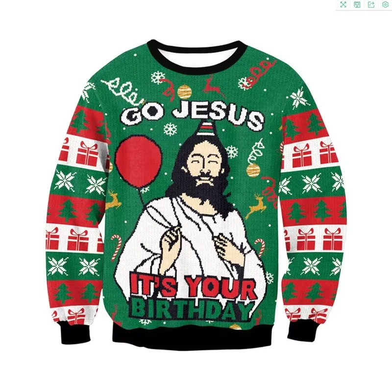 thumbnail image 1 of Suéteres navideños feos, jerséis verdes, sudaderas con estampado divertido en 3D para fiestas navideñas, sudaderas para fiestas, cumpleaños, Navidad 2025, 1 of 5