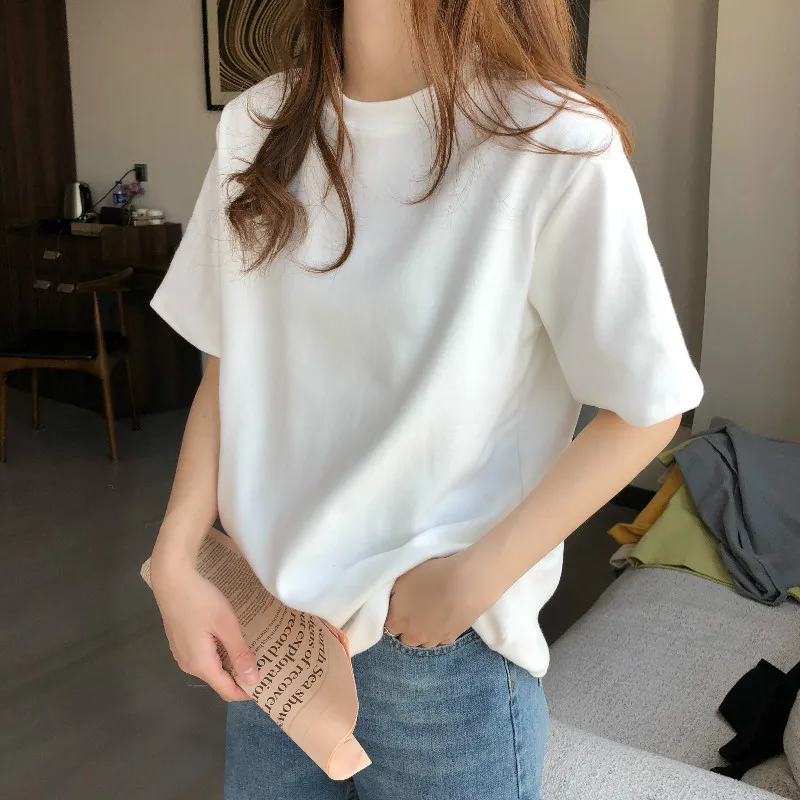 White short sleeve T-shirt women's summer 2023 loose simple cotton T-shirt  round neck with five-point top trend