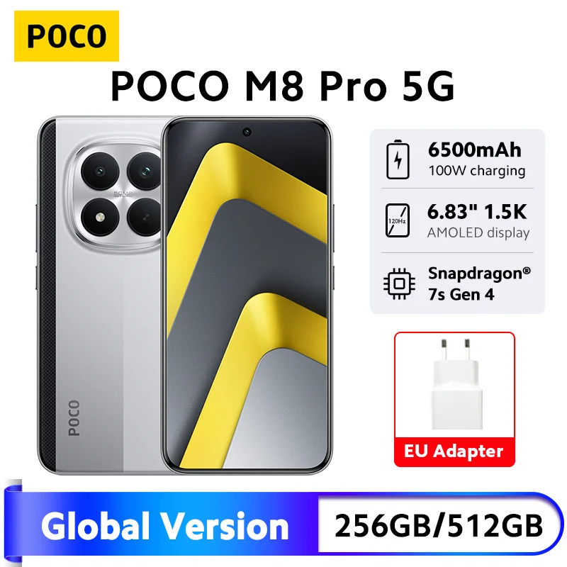 Najnowszy smartfon POCO M8 Pro 5G, wersja globalna, NFC, Snapdragon ®   Bateria 7s Gen 4 6500mAh, ładowanie 100W, wyświetlacz 6.83 cala, aparat 50MP