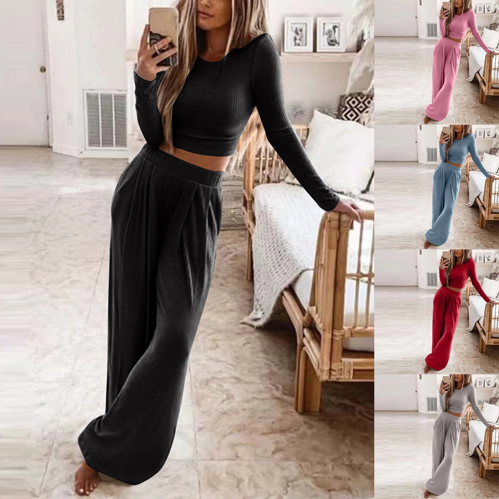 

New Women's Solid Knitting Casual Home two-piece Set for Women in Autumn and Winter