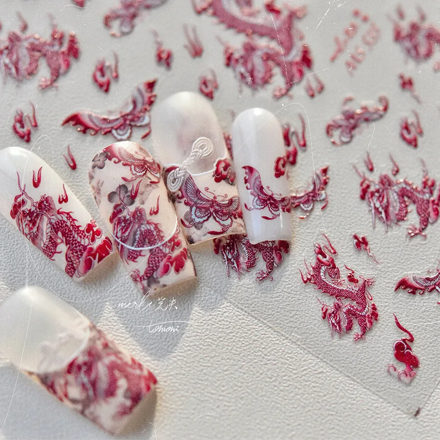Retro Embroidered Dragon Red Pink Blue White Porcelain Chinese 3D Embossed Relief Self Adhesive Nail Art Stickers Manicure Decal 6