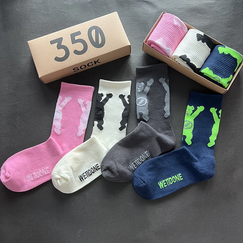 

Women Socks Happy Bear Pink Fashion Street Cotton Socks Ins Internet Celebrity Man Sports Basketball 3 Pairs/Box Gift Pack