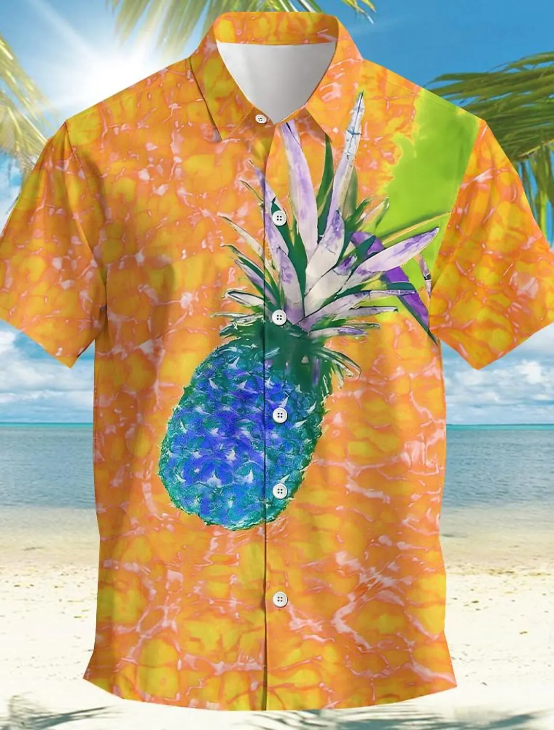 thumbnail image 1 of Camisa de hombre con estampado tropical de piña, camisa hawaiana de verano, informal, para vacaciones, verano, primavera, camisa de manga corta con cuello vuelto, tela elástica, 1 of 5