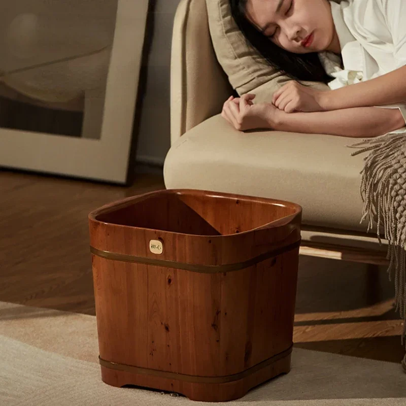 Household Thickened Cypress Wood Foot Soaking Barrel Square Foot-washing Bucket with Lid Heat Preservation Foot Bath Massage