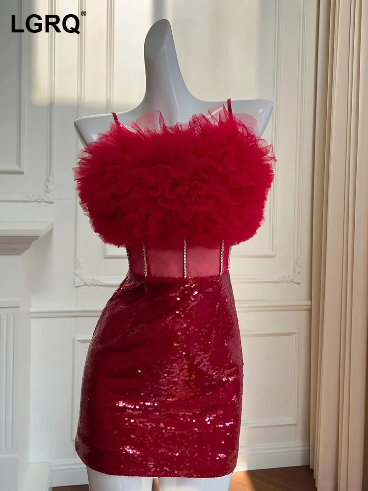 

LGRQ Women's Dress Mesh Sequin Spliced Fashion Slash Collar High Waist Sleeveless Elegant Dresses Female Summer 2024 New 3WM618