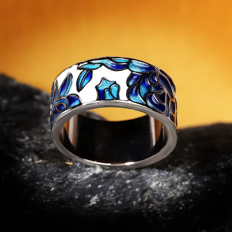 Silver Ring Wedding Rings Silver Rings Ladies Classic Epoxy Enamel Blue Flower Ladies Ring 925 Silver Jewelry Wedding Ring Bridal Jewelry Wide Silver