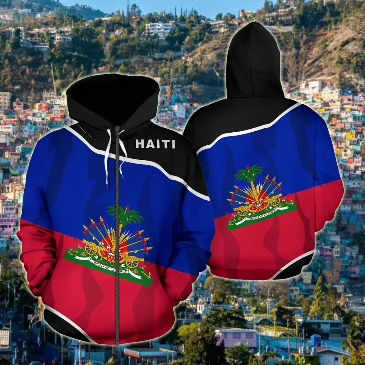 

2023 Spring and Autumn New Haitian Flag Zipper Hoodie Harajuku Street Men's Jacket Casual Men's and Women's Hoodie