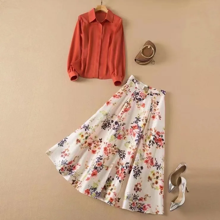 

New European and American women's wear for winter 2022 Long-sleeved single-breasted shirt Printed pleated skirt Fashion suits
