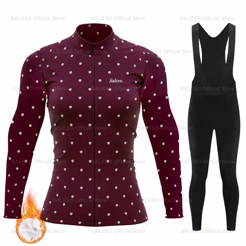 2025 Women Winter Thermal Fleece Cycling Jersey Set Bib Pants Long Sleeve Ropa Ciclismo Bicycle Clothing MTB Bike Jersey Uniform 2