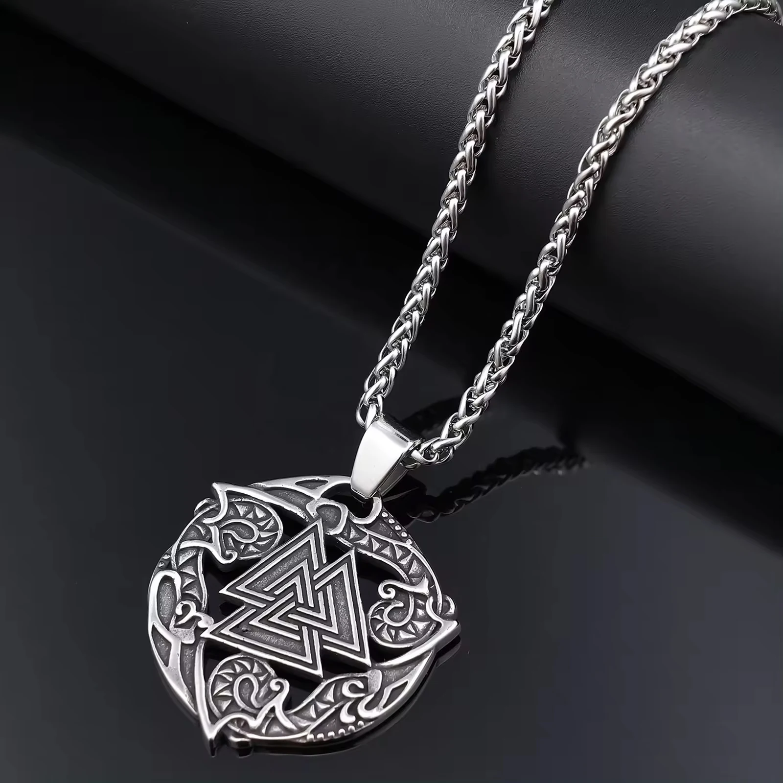 Viking Pagan Amulet Jewelry Raven Crow Triangle Pendant Life Of Flower stainless steel Necklace Men Gifts