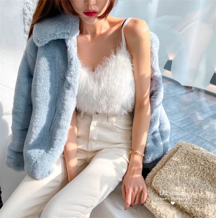 long green puffer coat 2022 Imitation Rabbit Fur Coat Women Winter Mink Velvet Fur Lapel Long Sleeve Cropped Top Fashion Solid Color Jackets LR2391 packable down jacket