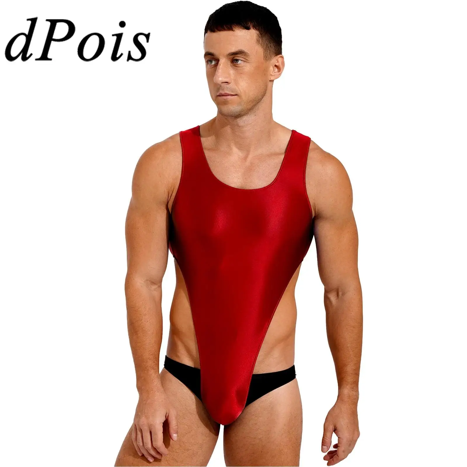Mens Glossy Mankini Swimwear U Neck Senza Maniche Body High Cut Body Elastico Costume Intero Per Esercizi Di Nuoto