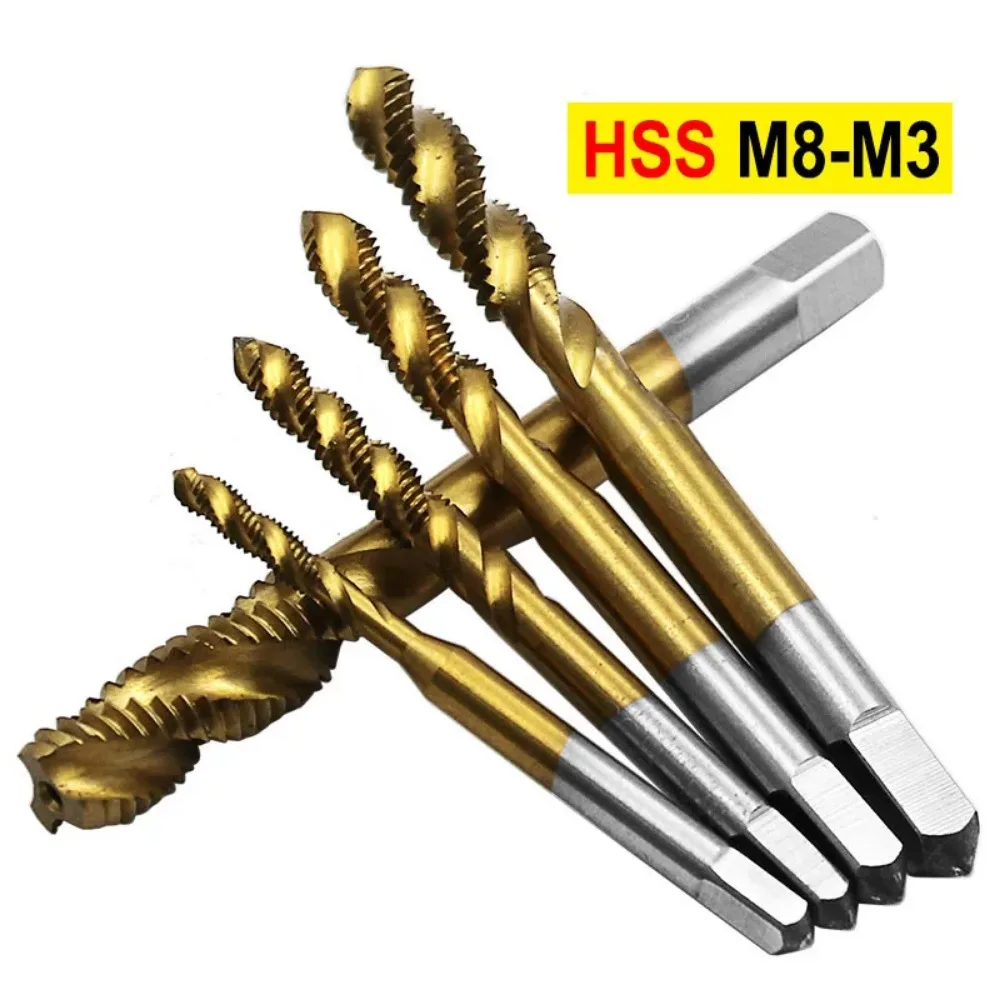 티타늄 코팅 HSS 나선형 플루트 나사 스레딩 탭 드릴 도구, 기계 금속 M3 M4 M5 M6 M8 메트릭 수공구, 5 개