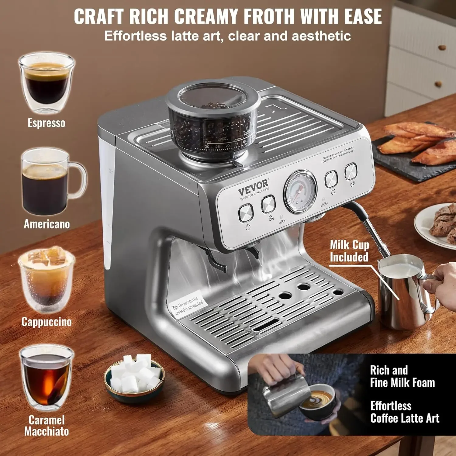 Espresso Machine with Grinder, 15 Bar Semi-Automatic Espresso Coffee Maker with Milk Frother Steam Wand, Removable Water T 4