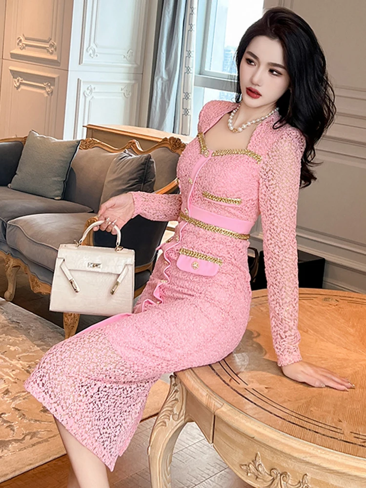 Women's Exquisite Elegant Style Pink Dress Woman Lace Gold