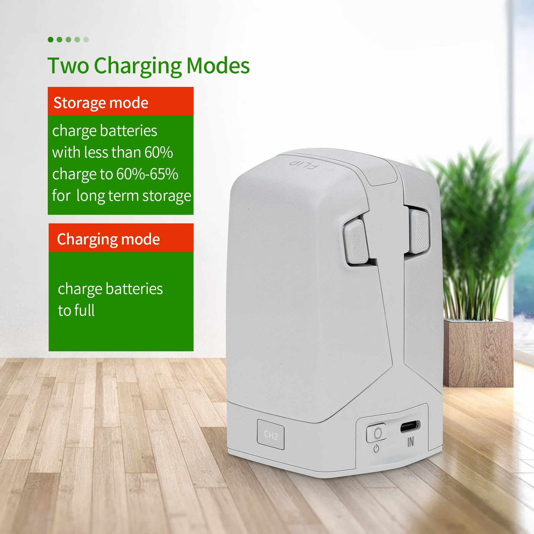 Vue rapprochée du chargeur double batterie DJI Flip PD45W rapide montrant les ports et les LED.