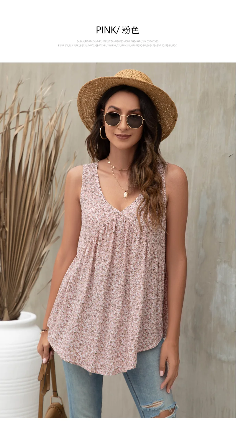 

Summer fashion v-neck rayon printed vest with loose floral pattern