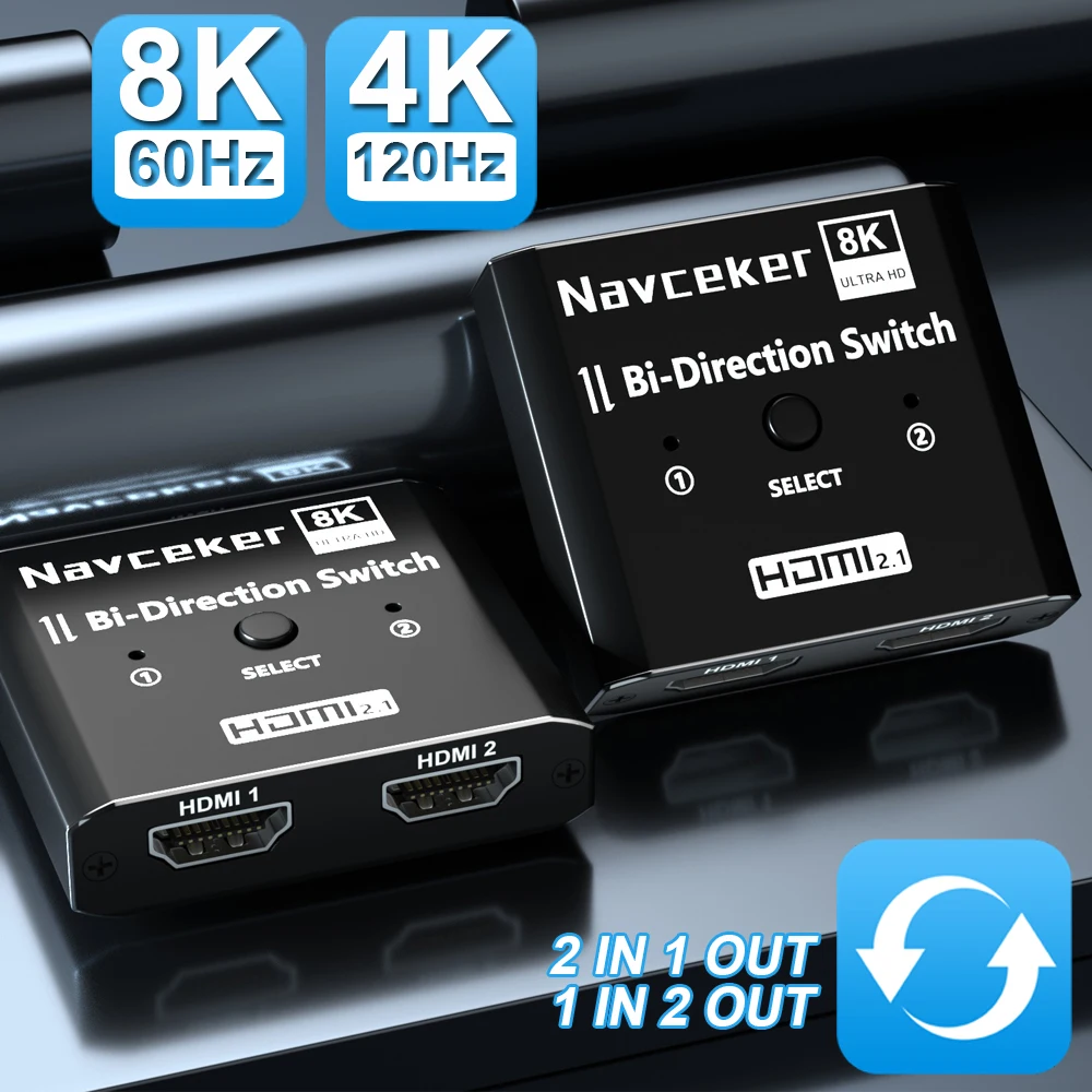 Navceker Hdmi 2.1 Splitter Switch 8K 60Hz 4K 120Hz 2 In 1 Out Per Tv Xiaomi Xbox Series Ps5 Hdmi Cable Monitor Hdmi 2.1 Switcher