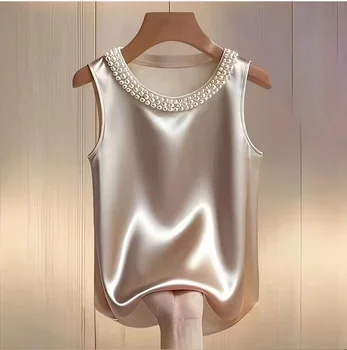 Elegant Satin Shirt Women Summer Bead Design Silk Blouse Women T-Shirts Fashion Loose Vest Women Tank Tops Fashion Lady Tee 1