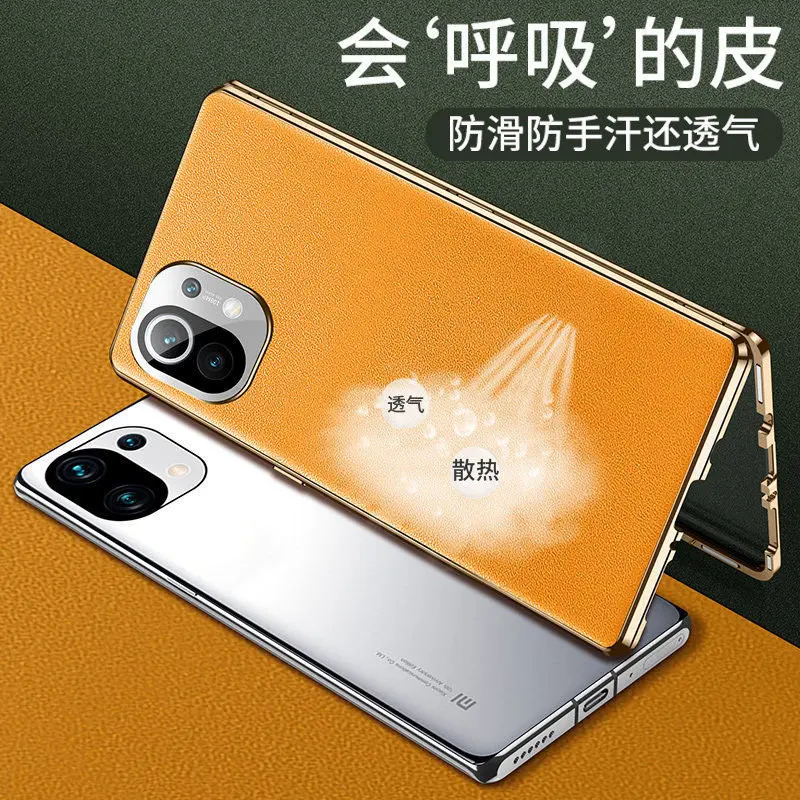 For Xiaomi Mi 11 Pro 5G Case 360 Full Protection Metal Bumper Clear Front Glass Cover with Back PU Leather Case for Xiaomi 11Pro