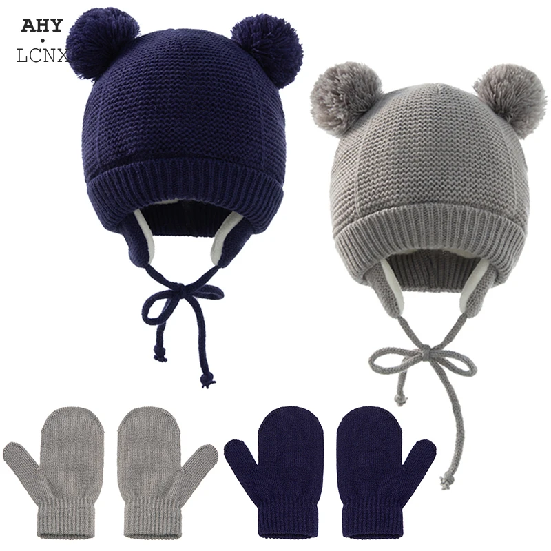 

Knitted Pompoms With Lining Baby Hat Gloves Girl Boy Thick Warm Cap Winter Children Beanie Kids Ear Warm Hat Baby Bonnet 1-4Y
