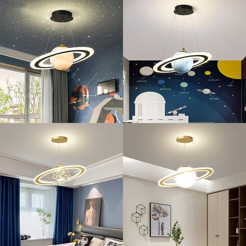 New Children'S Planet Earth Pendant Lamp For Boys Room Living Room Acrylic Space Star Astronaut Led Hanging Light Indoor Decor 6