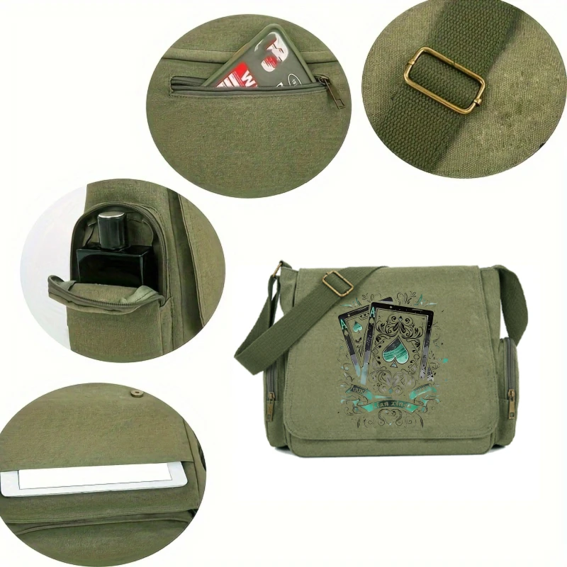 Retro Women's Shoulder Bag Men's Messenger Bag Canvas Playing Card Print Large Capacity Laptop Crossbody Bag