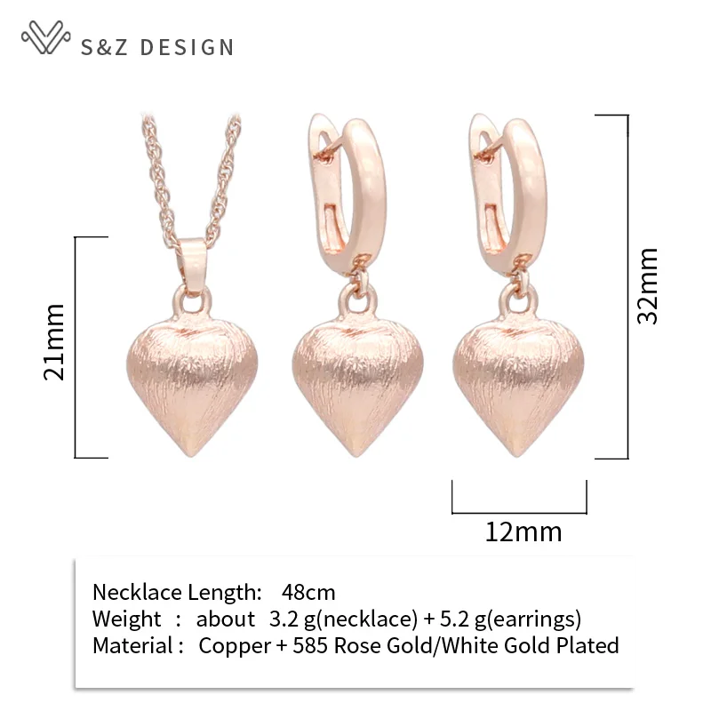 S&Z DESIGN New 585 Rose Gold Color Heart-shaped Metal Dangle Earrings Jewelry Sets For Women Wedding Pendant Necklace