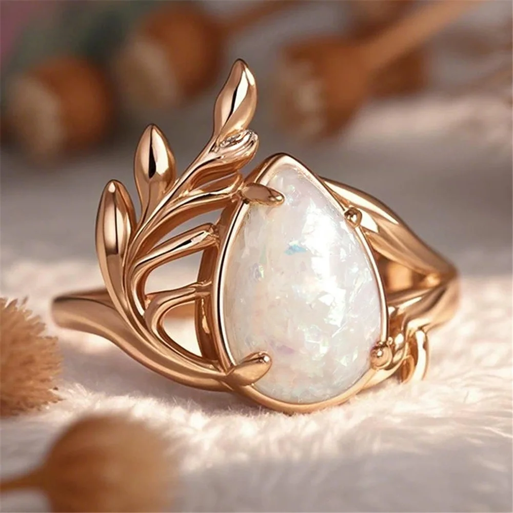 White Fire Opal Stone Cute Water Drop Rings For Women Gold Color Engagement Wedding Jewelry