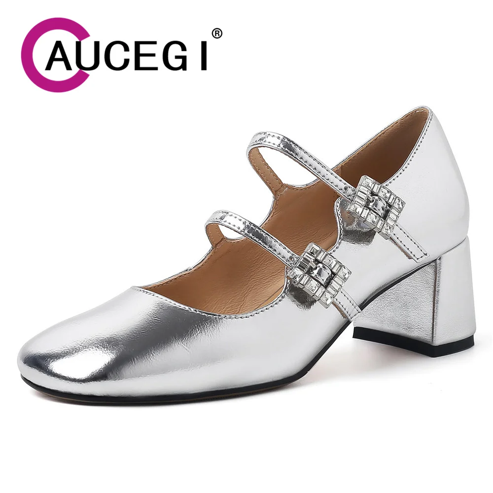 

Aucegi Silver Thick Heels Mary Jane Pumps Women 2024 Rhinestone Square Buckle Strap Square Toe Genuine Leather Party Dress Shoes