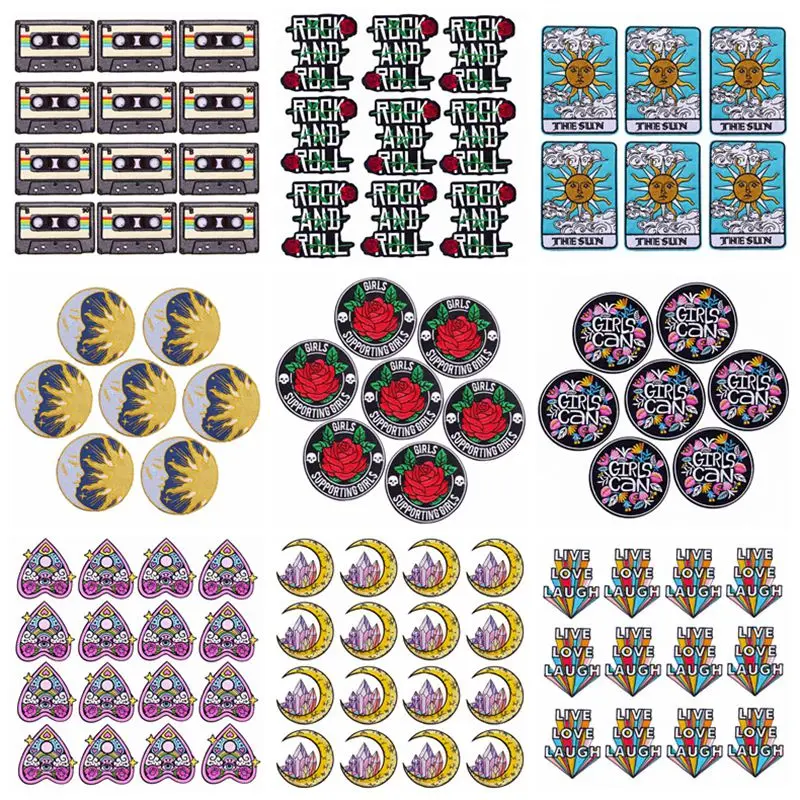 Prajna 10PCS Cartoon Flowers Embroidered Patches On Clothes Sun Moon Iron On Patches For Clothing Stripe DIY Hippie Letter Badge