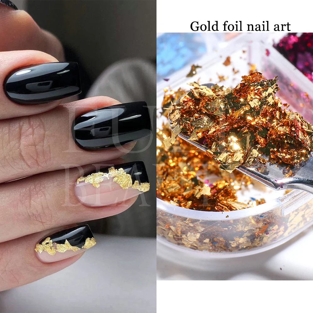 Gold Foil Flakes Winter Nail Design Aluminum Sparkles Sequins For