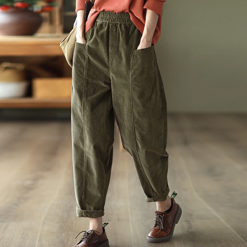 

NINI WONDERLAND 2022 Autumn Winter Cotton Corduroy Harem Pants Women's Elastic Waist Splice Casual Trousers Lady Vintage Pants