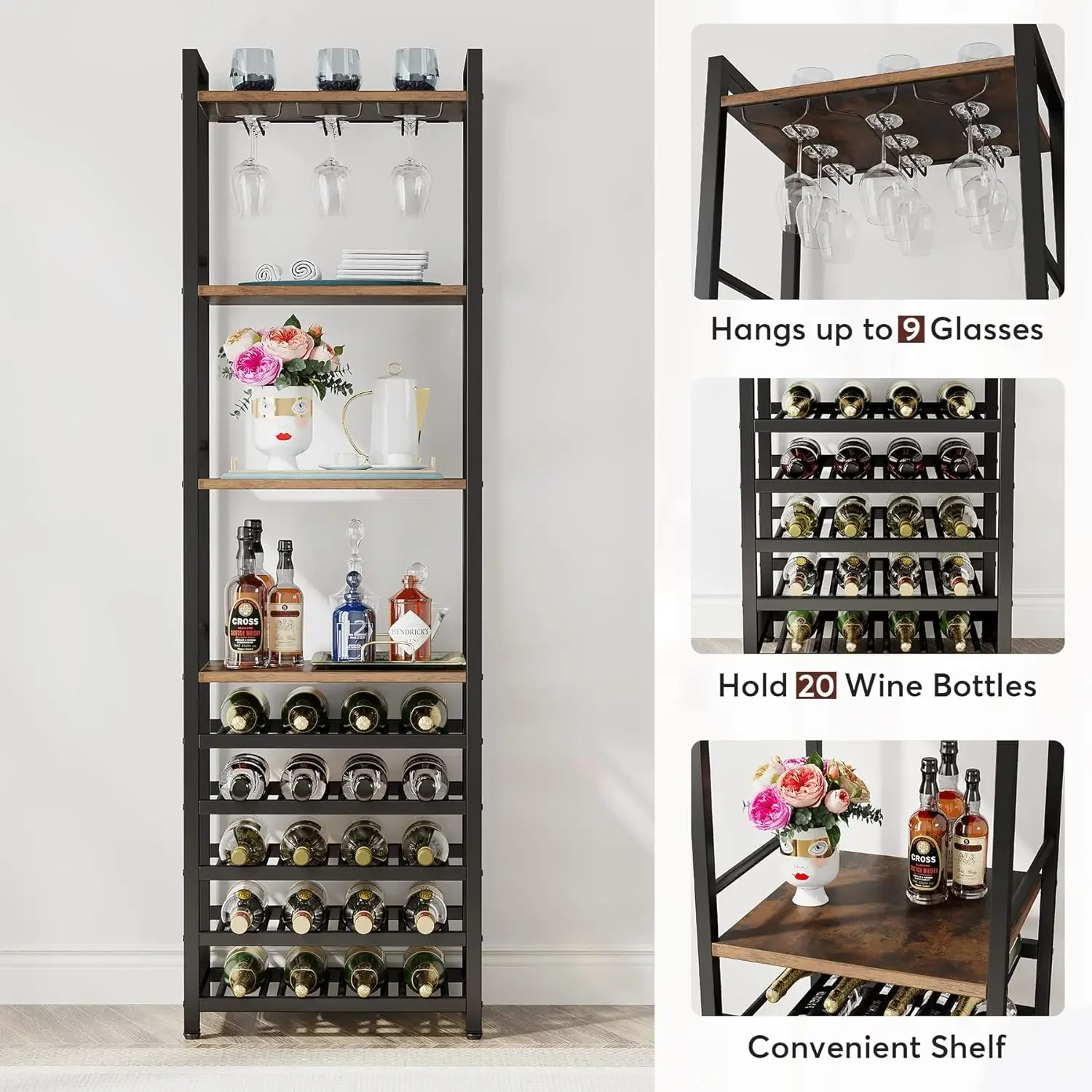 Tribe signs 20 Flaschen Wein bäcker Rack, 9 Tier freistehendes Wein regal mit Glas halter und Lager regale