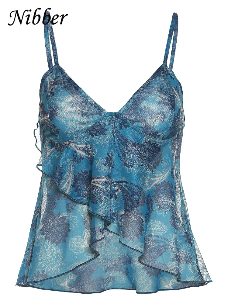 Nibber Mesh See Through Printed Vest Women Sexy Casual V-neck Sleeveless Suspender Camisole Patchwork Tank Top Streetwear