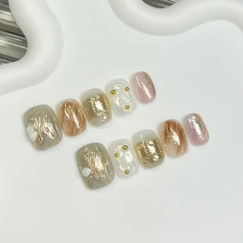 10PCS Glossy Golden Pattern Press on Nails Hand-drawn Brown Blurred Glitter Short Square Fake Nails for Girls Wearable Nail Tips