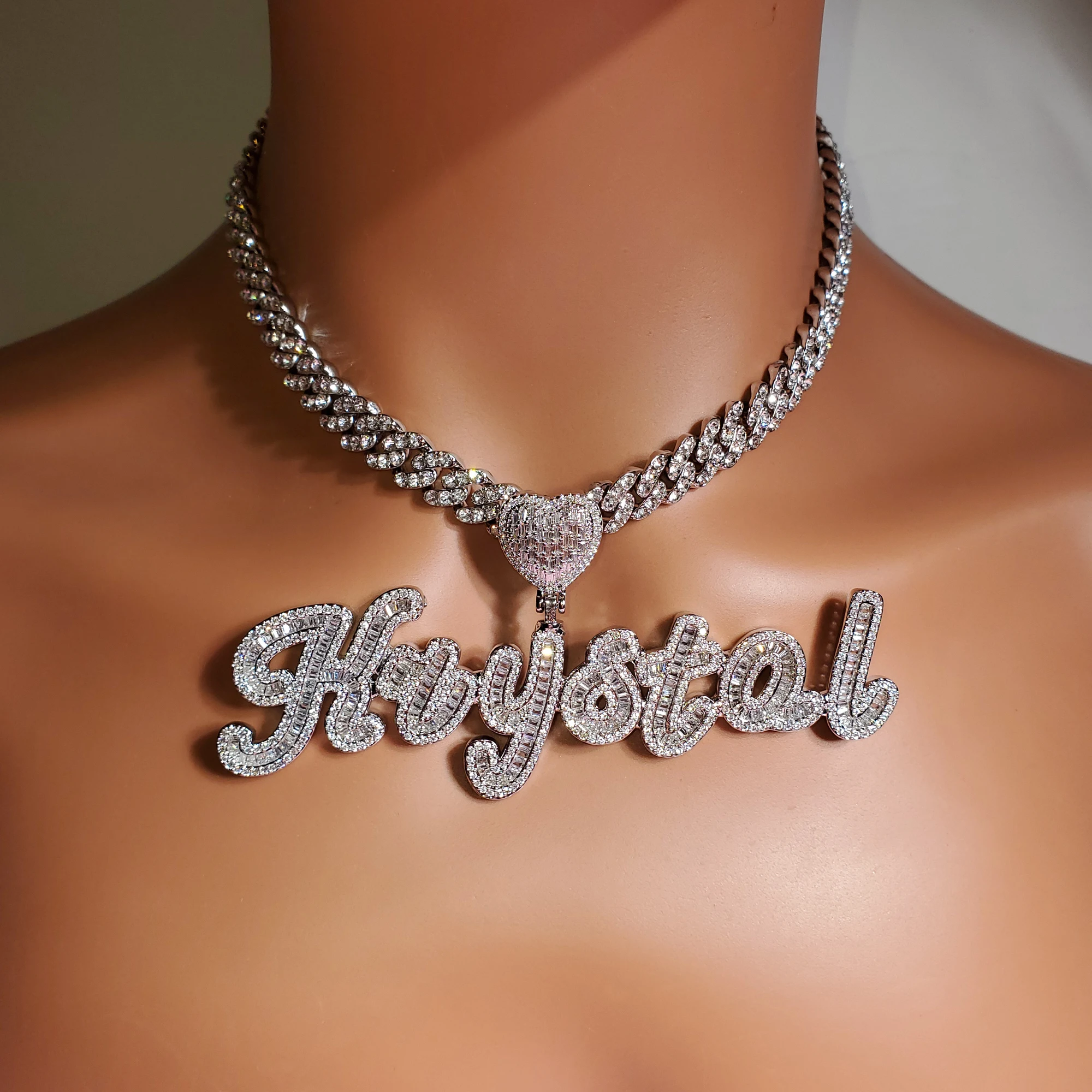 

Icy Heart Bail Custom Brush Cursive Letter Name Necklace Pendant Hot Trendy Accessories Personalized Gift for Her Women's Jewel