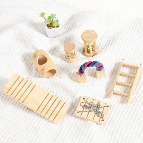 

Adorable Wooden Rabbits Toys Pine Dumbells Unicycle Bell Roller Chew Toys for Guinea Pigs Rat Small Pet Molars Supplies