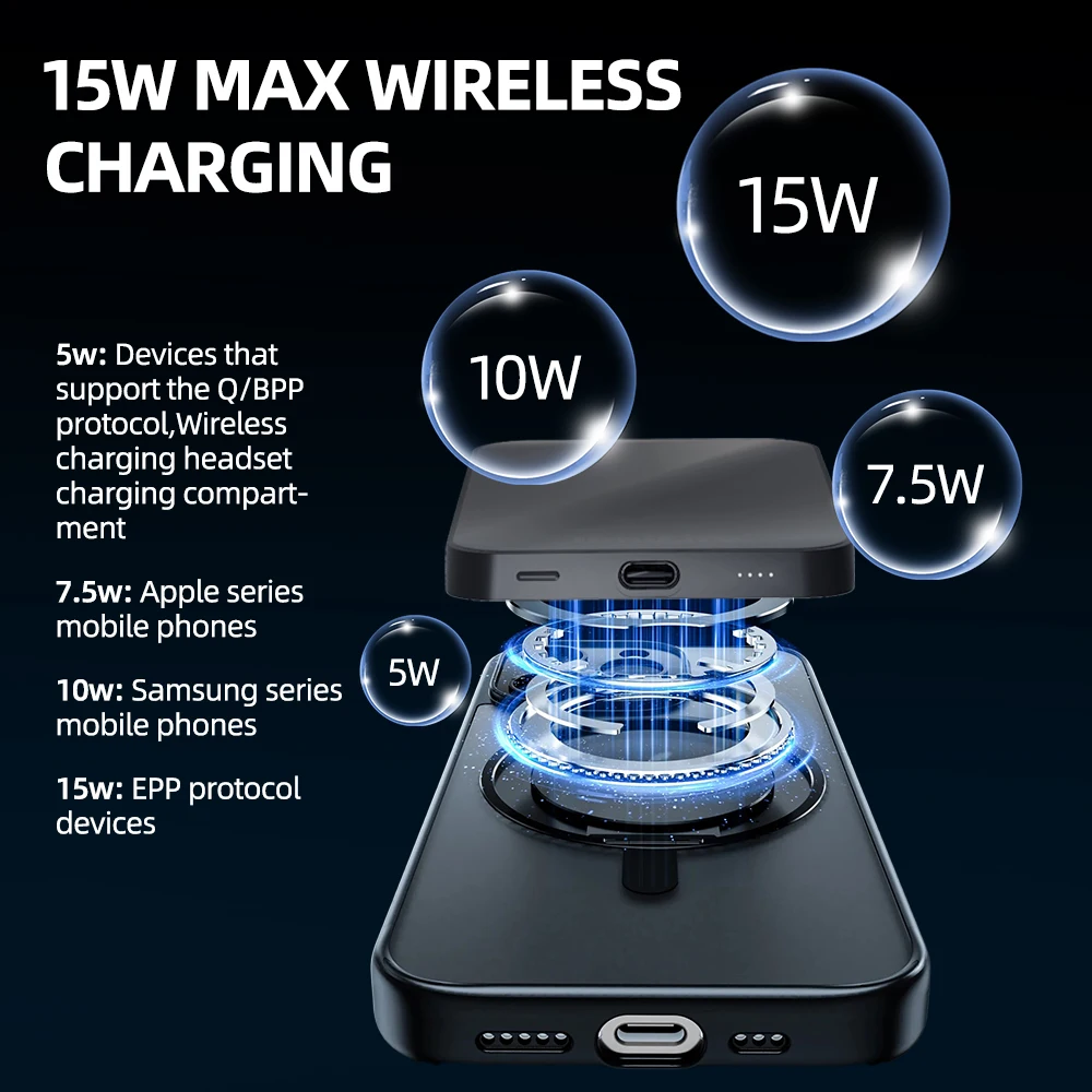 자석 휴대용 충전기 5000mAh: 0.3인치 초슬림, 딱 맞는 디자인. 무선, 아이폰 16/15/14/13/12 시리즈 호환, 블랙.