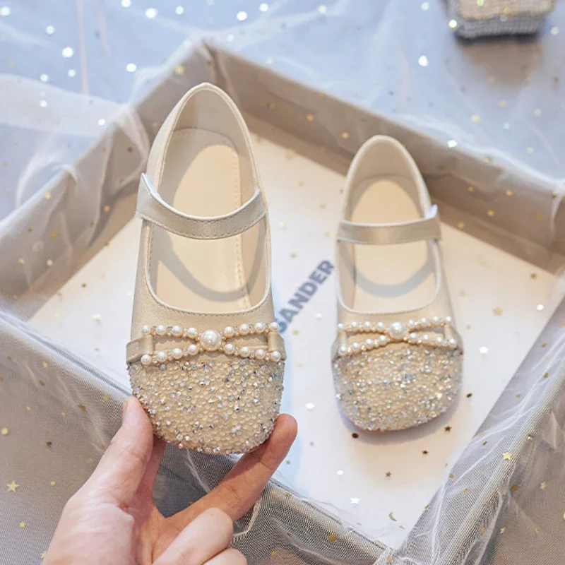 Leather Girls Party Flats Shoes with Rhinestone and Pearl