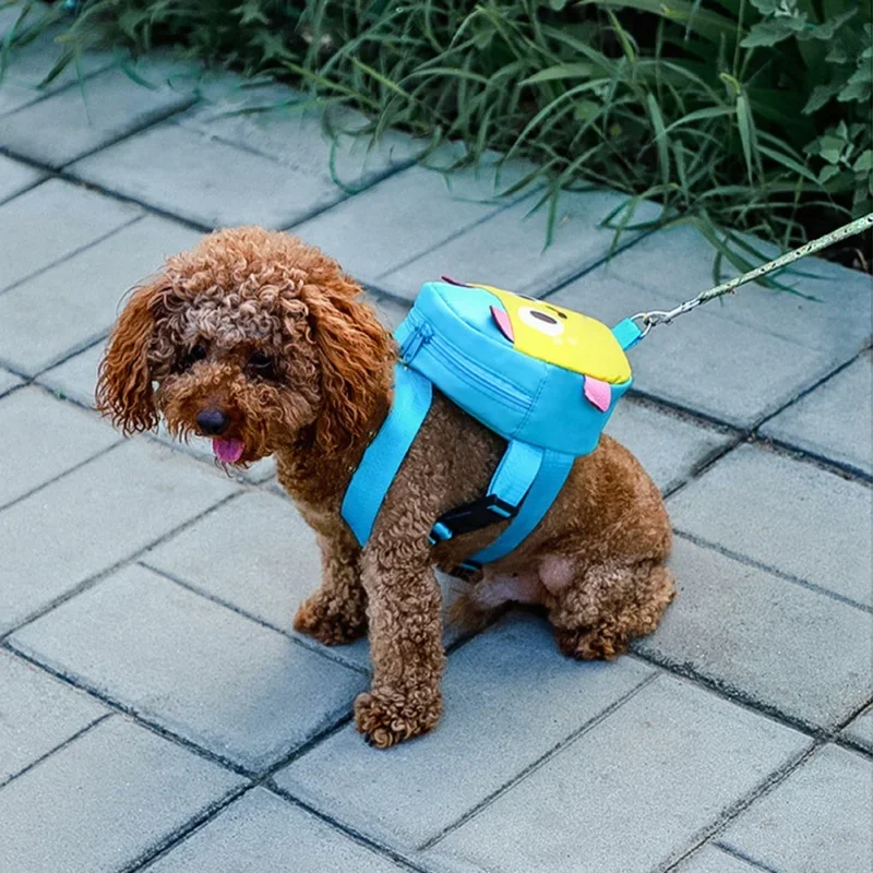 Dog Backpack And Leash Set Pet Outdoor Self Backpack Walking Dog Cat Leash Cute Cartoon Style Pet Bag For Snack Or Picking Poop