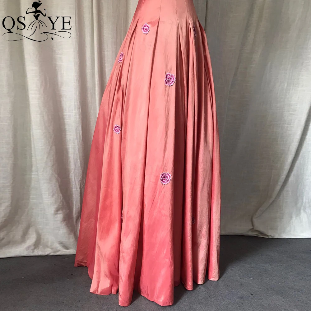 Puffy A line Pink Prom Dresses Embroidery Flower Peach Evening Gown High Neck Open Back Party Gown Box PleatVintage Taffeta Gown plus size prom dresses