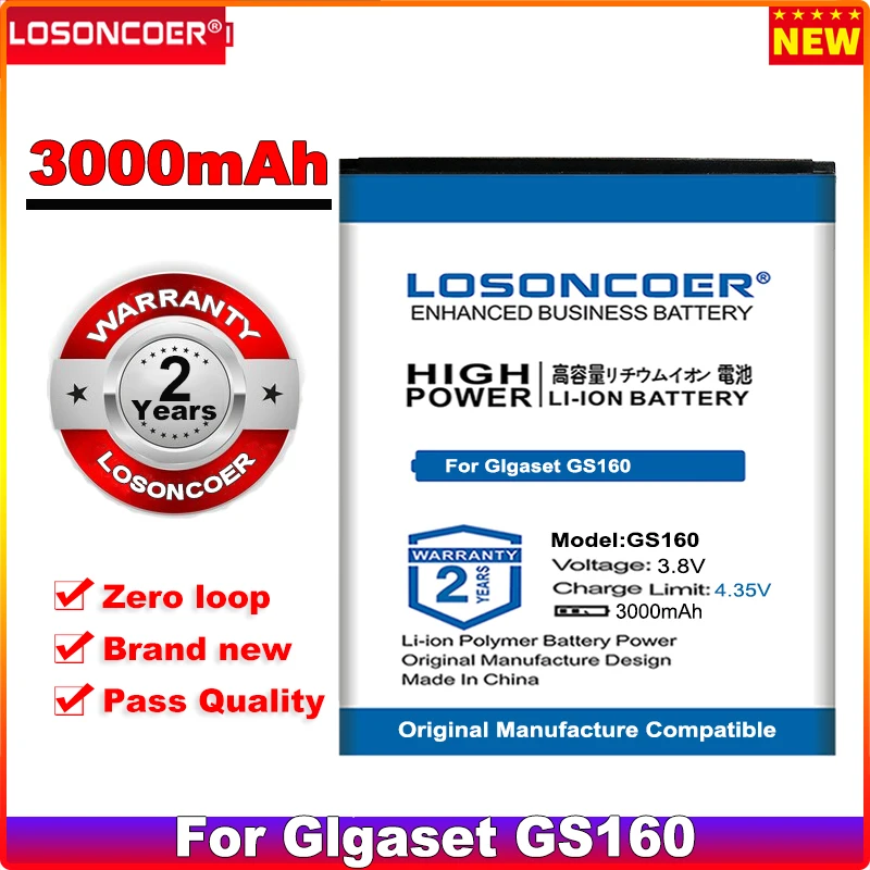 

LOSONCOER 0 Cycle 100% New 2500mAh GS160 Battery For GIgaset GS160 V30145-K1310-X463 Mobile Phone