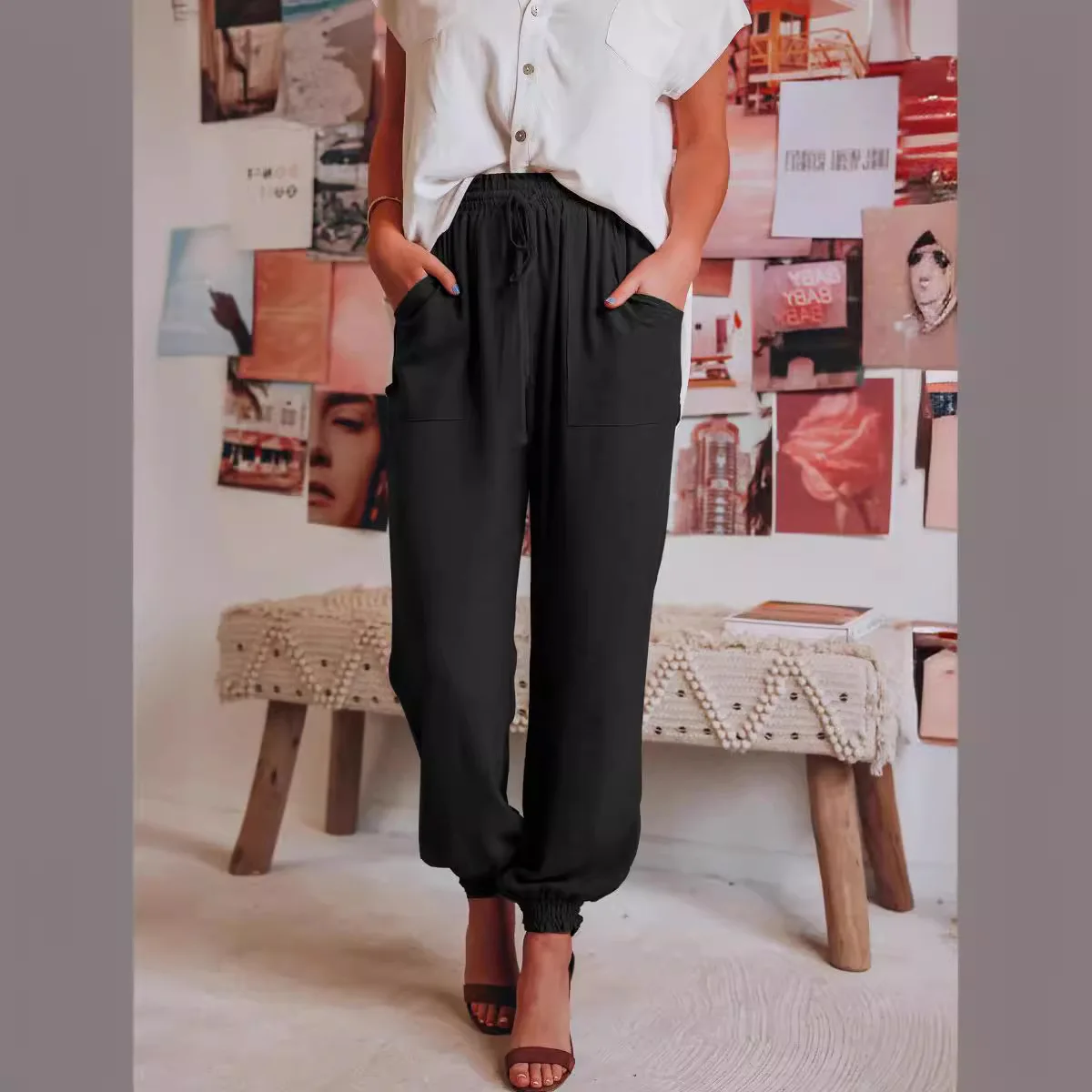 New Women's Fashion Retro Pants Casual Loose Solid Cotton Linen Harem Pants Summer Elastic Waist Pants