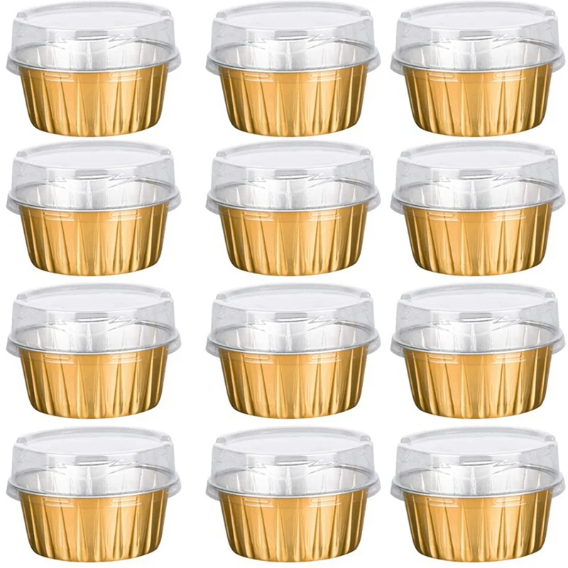 

Dessert Cups With Lids, 75 Pack Gold Aluminum Foil Baking Cups Holders, Cupcake Bake Utility Ramekin Clear Pudding Cups