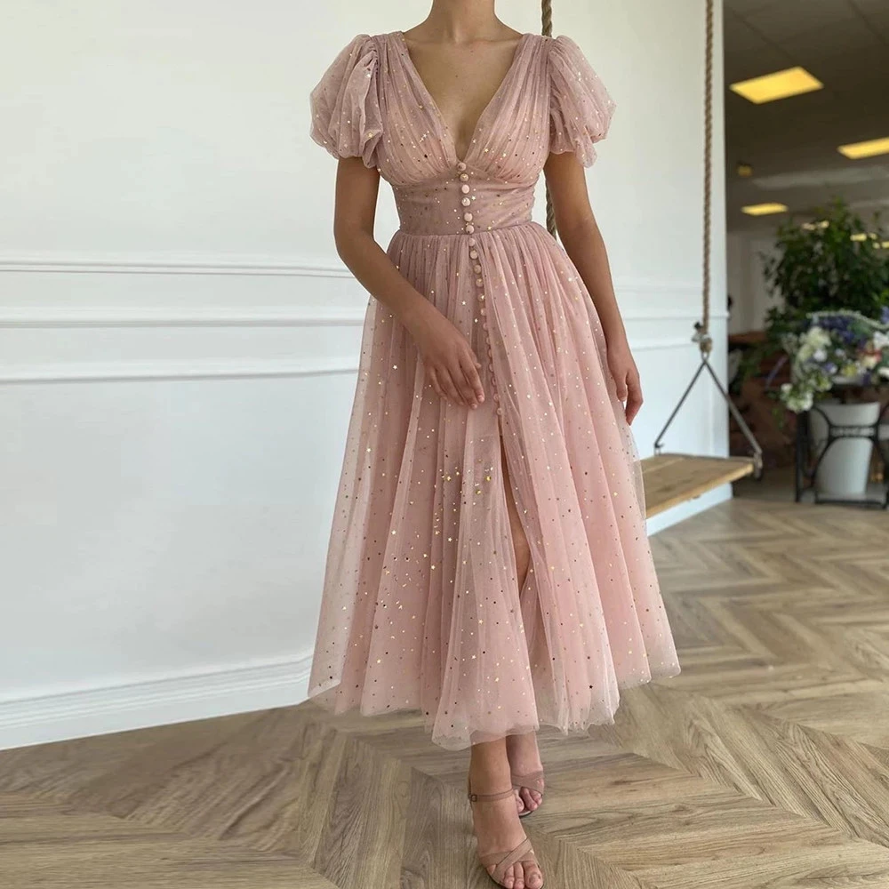 simple prom dresses Glitter Blush Midi Prom Dresses V-Neck Short Sleeves Starry Tulle Evening Dresses Buttons Tea-Length A-Line Party Gowns sage green prom dress